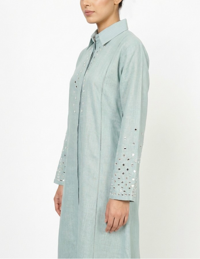 Sage Green Casual Linen Jalabiya with Geometric Mirror Embroidery