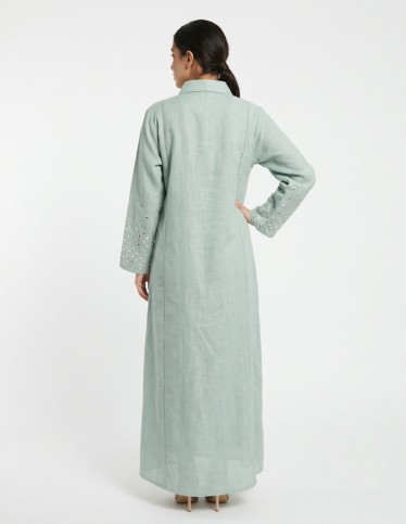 Sage Green Casual Linen Jalabiya with Geometric Mirror Embroidery