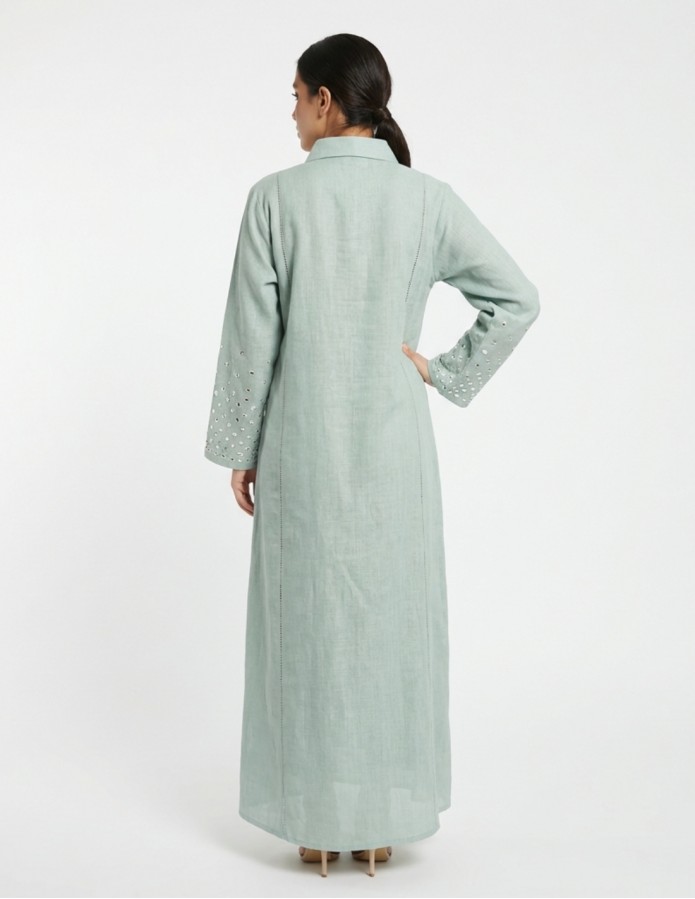 Sage Green Casual Linen Jalabiya with Geometric Mirror Embroidery
