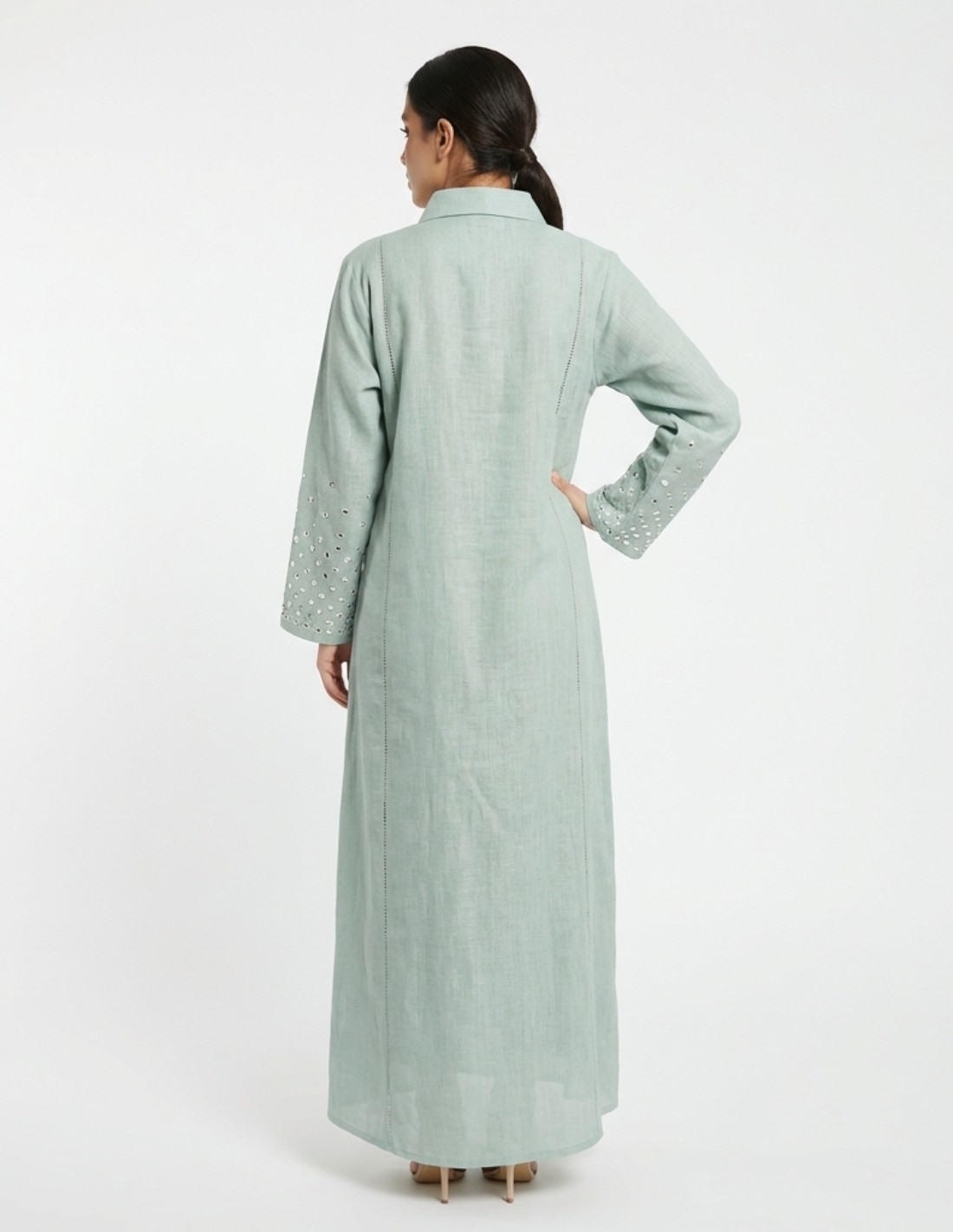 Sage Green Casual Linen Jalabiya with Geometric Mirror Embroidery
