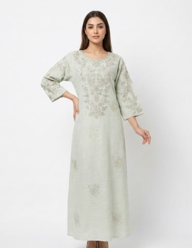 "Sadeem" Luxury Pastel Green Jalabiya with Silver Thread Embroidery