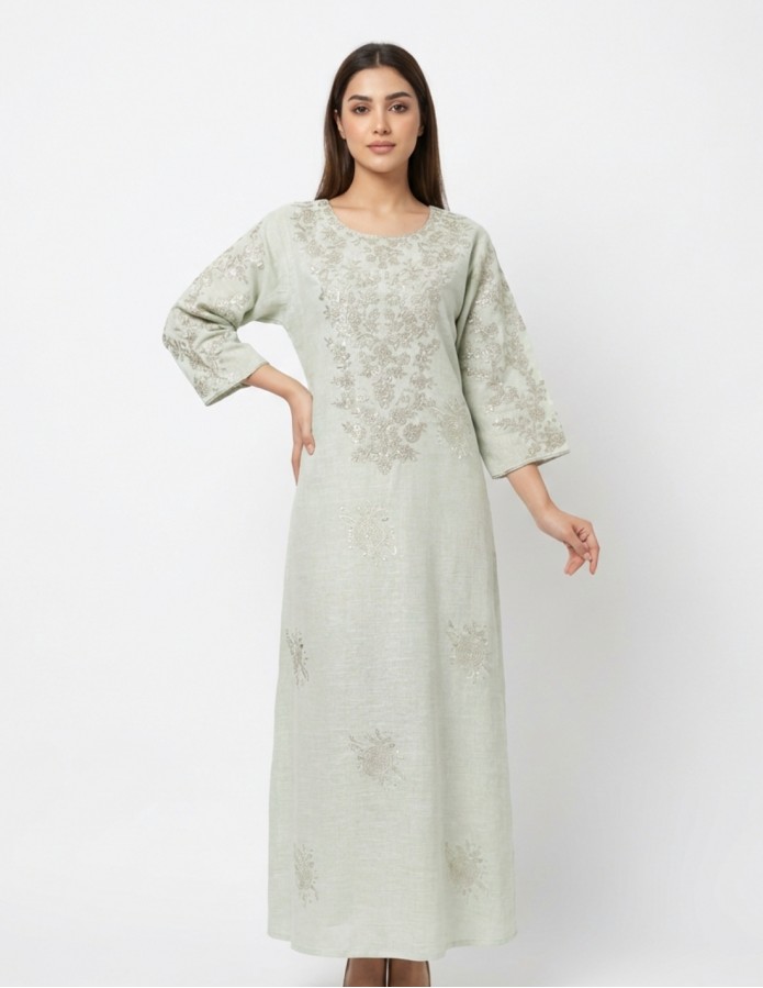 "Sadeem" Luxury Pastel Green Jalabiya with Silver Thread Embroidery