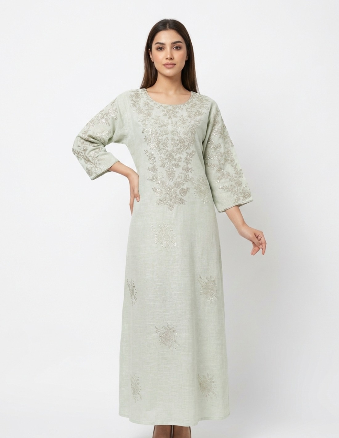 "Sadeem" Luxury Pastel Green Jalabiya with Silver Thread Embroidery
