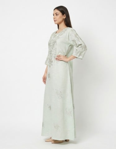 "Sadeem" Luxury Pastel Green Jalabiya with Silver Thread Embroidery