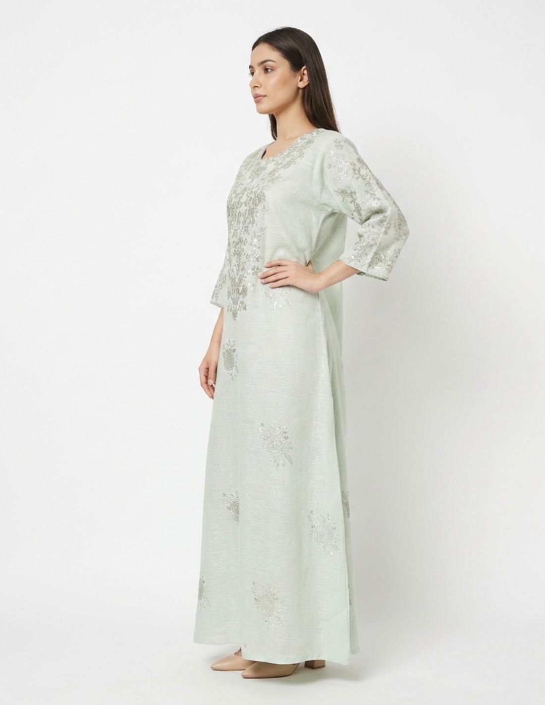 "Sadeem" Luxury Pastel Green Jalabiya with Silver Thread Embroidery