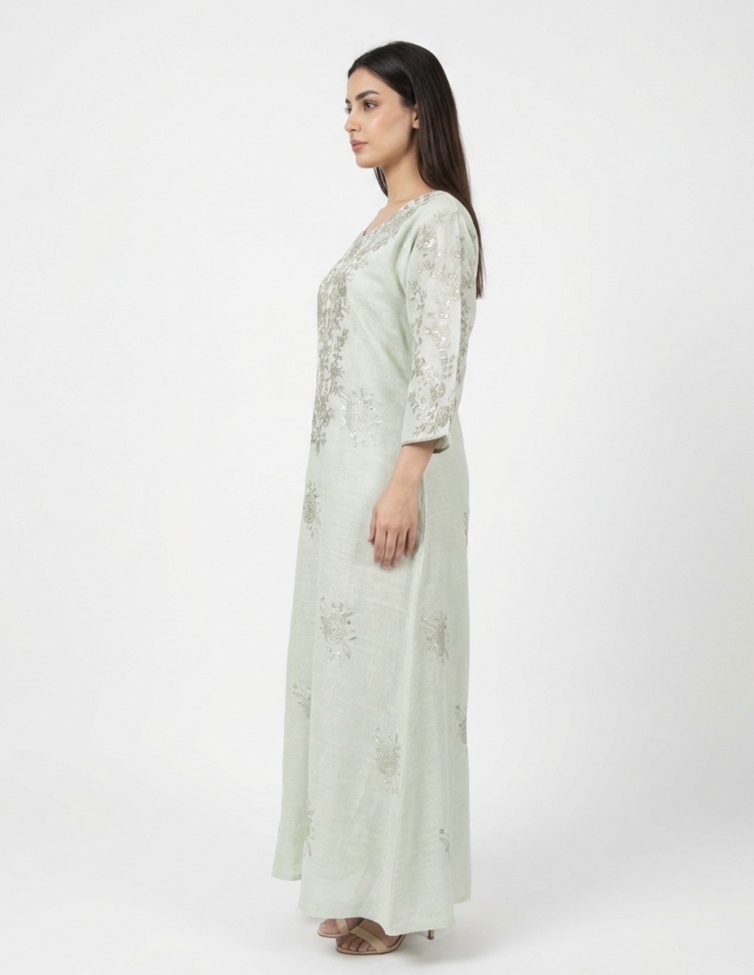 "Sadeem" Luxury Pastel Green Jalabiya with Silver Thread Embroidery