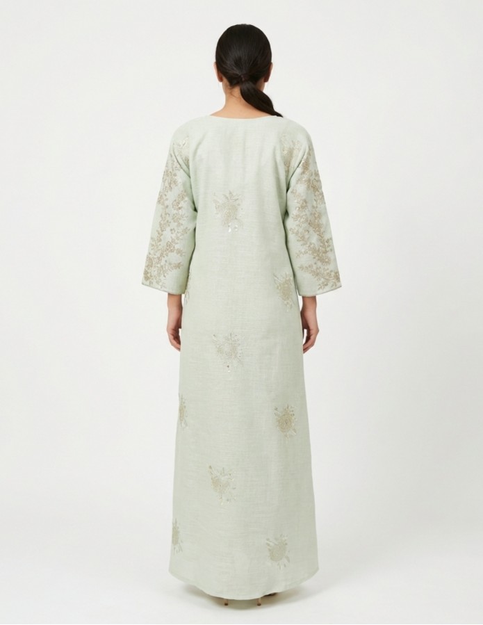 "Sadeem" Luxury Pastel Green Jalabiya with Silver Thread Embroidery