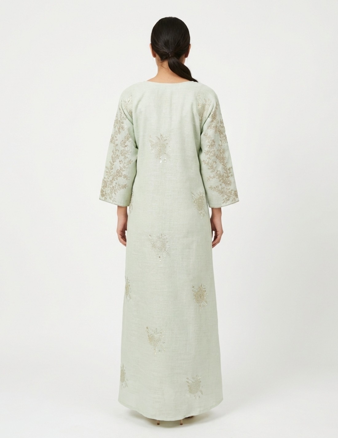 "Sadeem" Luxury Pastel Green Jalabiya with Silver Thread Embroidery
