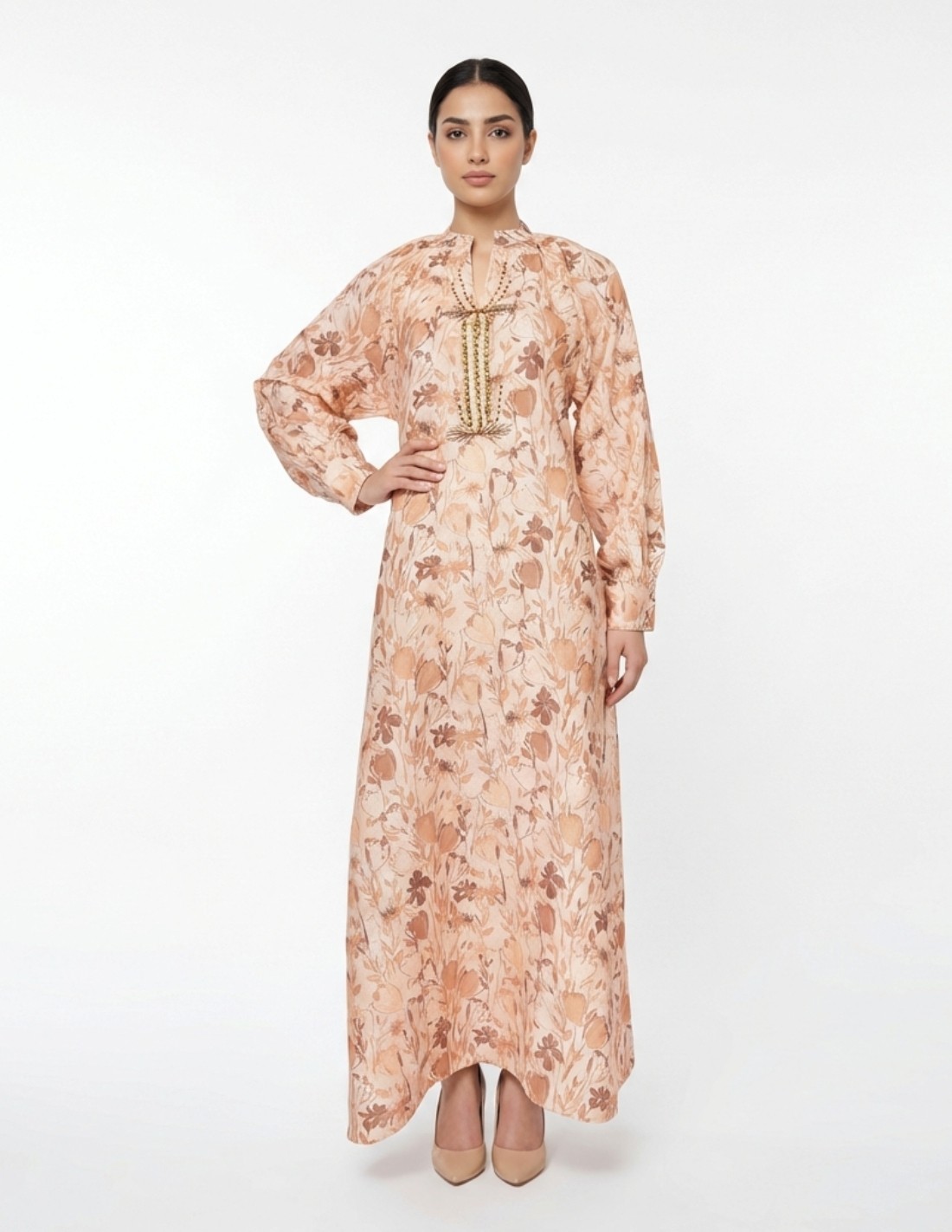 Classic Beige Floral Jalabiya with Premium Hand-Beaded Embroidery