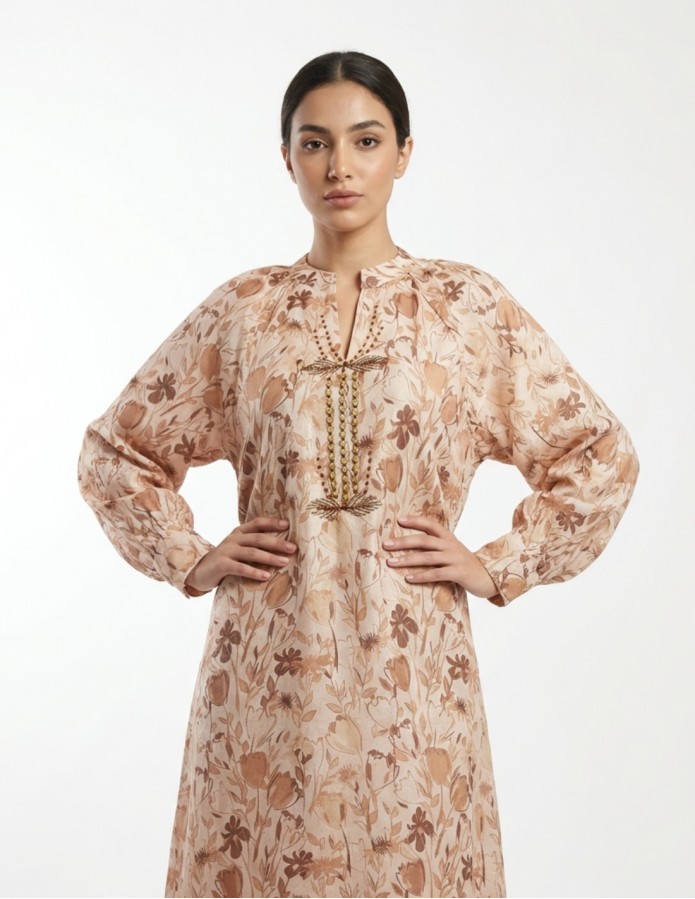 Classic Beige Floral Jalabiya with Premium Hand-Beaded Embroidery
