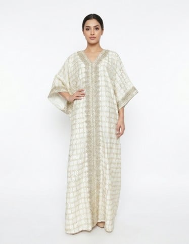 Royal Ivory Kuwaiti Jalabiya with Gold & Silver Zari Embroidery