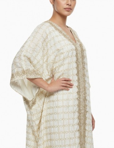 Royal Ivory Kuwaiti Jalabiya with Gold & Silver Zari Embroidery
