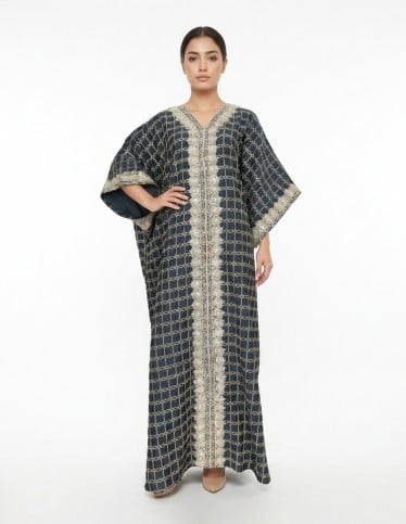 Royal Kuwaiti Embroidered Jalabiya Deep Navy & Gold