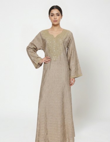 "Taraff" Golden Embroidered Jalabiya with Royal Neckline and Flared Sleeves