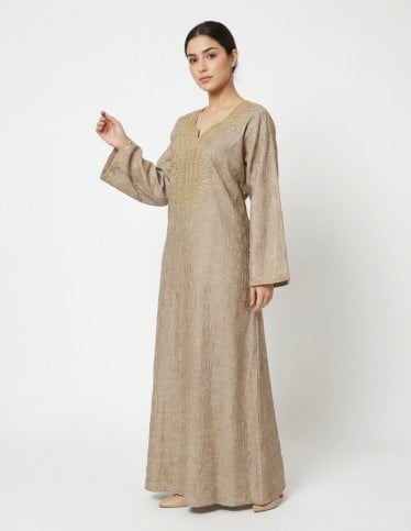 "Taraff" Golden Embroidered Jalabiya with Royal Neckline and Flared Sleeves