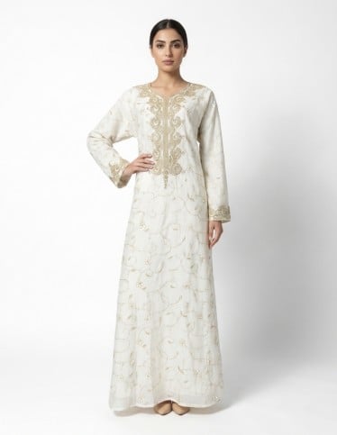 Royal White Jalabiya with Silver Cord Embroidery