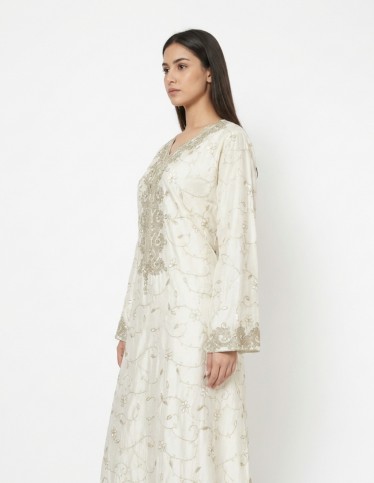 Royal White Jalabiya with Silver Cord Embroidery
