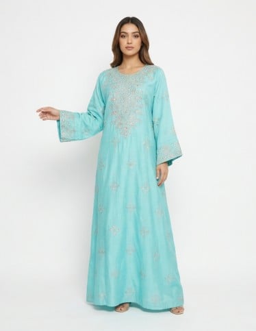 Elegant Sky Turquoise Jalabiya with Royal Silver Embroidery