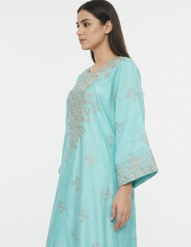 Elegant Sky Turquoise Jalabiya with Royal Silver Embroidery