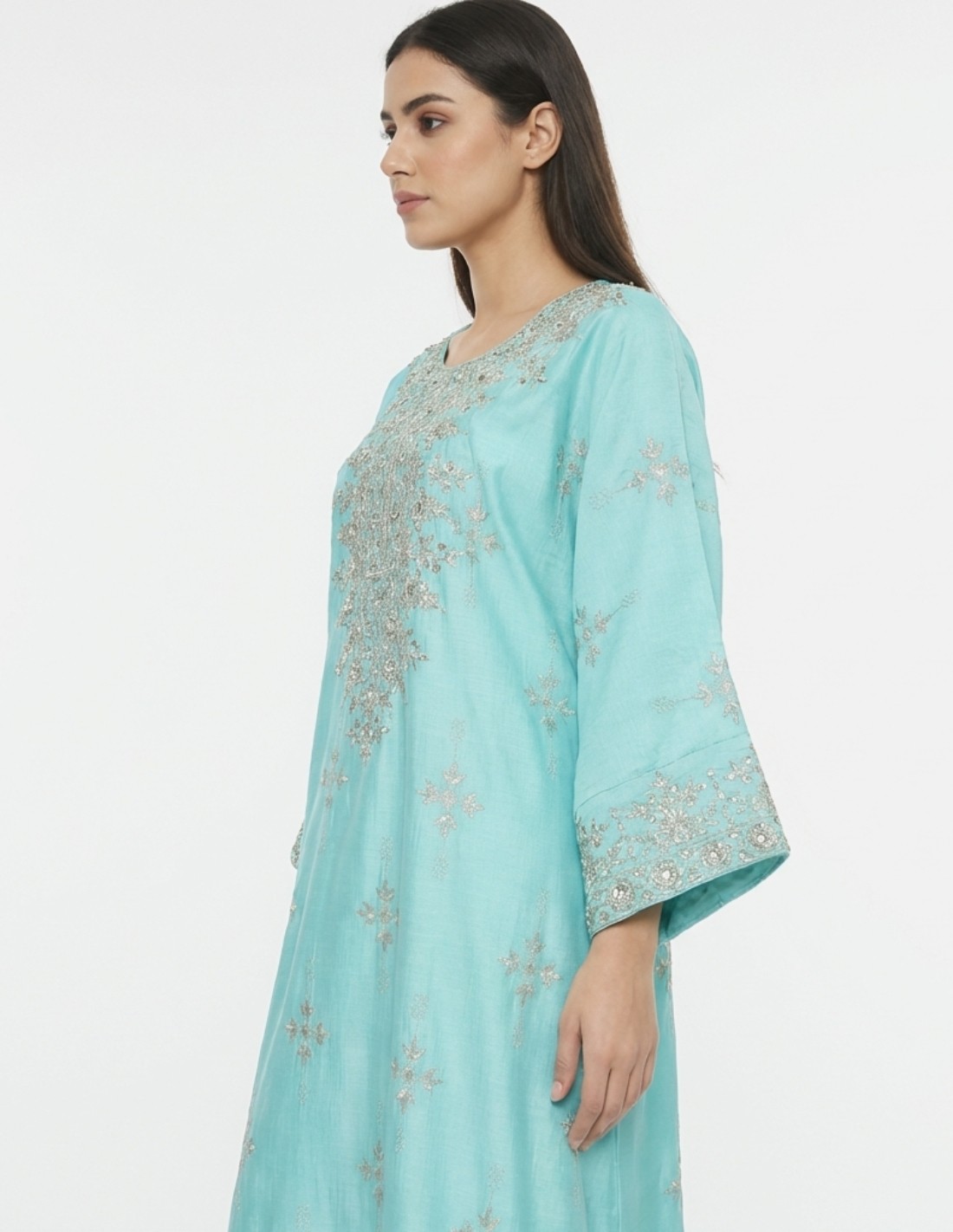 Elegant Sky Turquoise Jalabiya with Royal Silver Embroidery