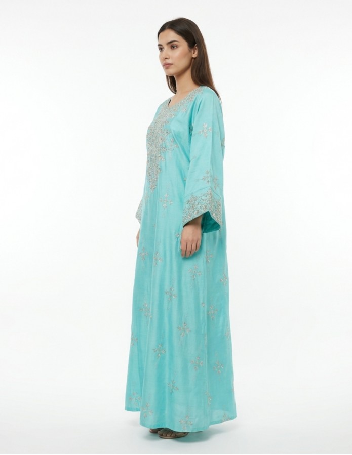 Elegant Sky Turquoise Jalabiya with Royal Silver Embroidery