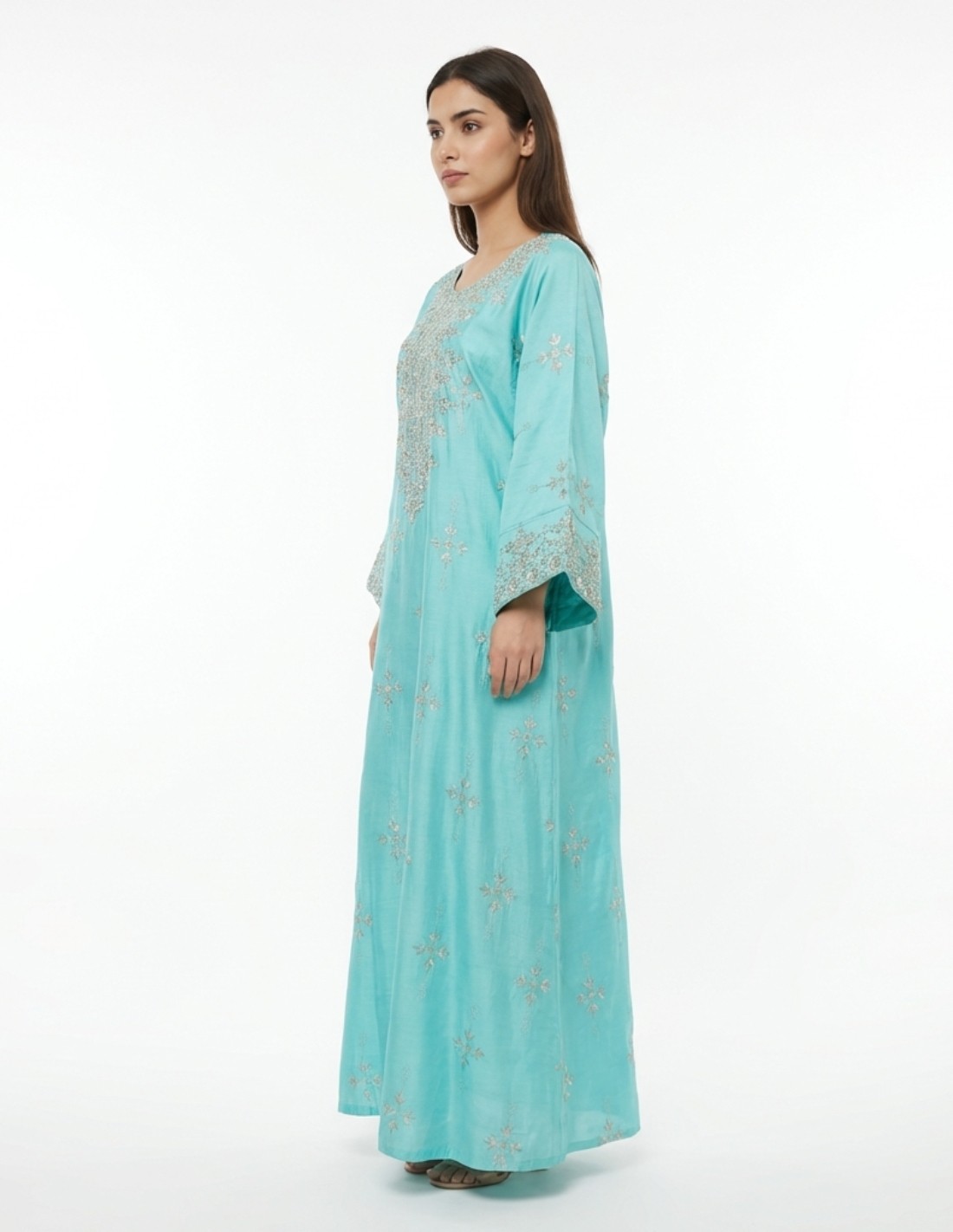 Elegant Sky Turquoise Jalabiya with Royal Silver Embroidery