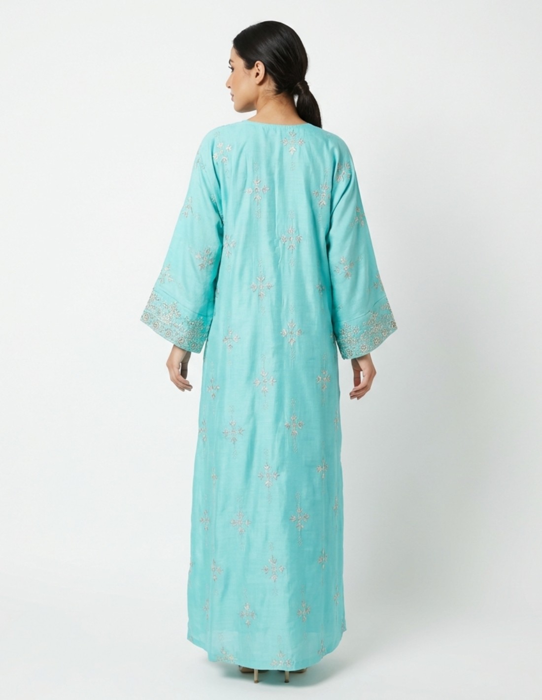 Elegant Sky Turquoise Jalabiya with Royal Silver Embroidery