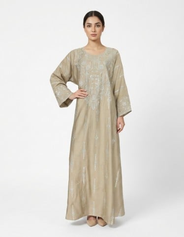 Sand Beige Jalabiya with Royal Silver Embroidery
