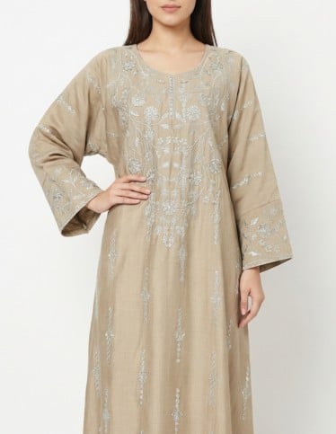 Sand Beige Jalabiya with Royal Silver Embroidery