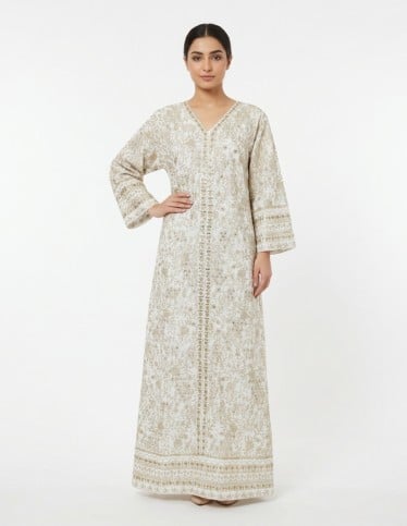 Elegant White Jalabiya with Gold Embroidery and Sequin Accents
