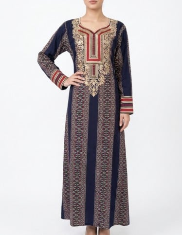 Royal Navy Jalabiya with Golden Embroidery and Elegant Straight Cut