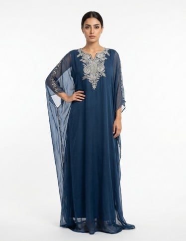 Royal Navy Blue  Jalabiya with Intricate Silver Embroidery