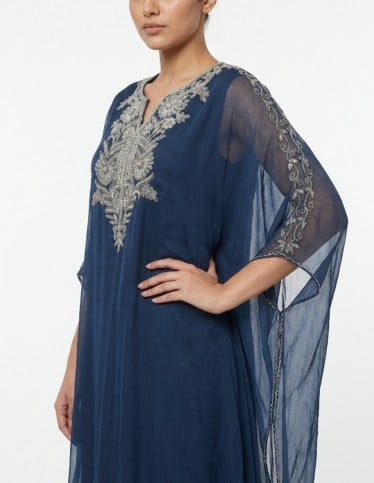 Royal Navy Blue  Jalabiya with Intricate Silver Embroidery