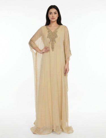 Royal Golden Beige Evening Jalabiya with Luxury Crystal Embroidery