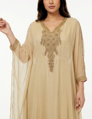 Royal Golden Beige Evening Jalabiya with Luxury Crystal Embroidery