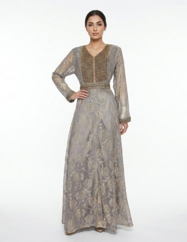 Sultana Grey Jalabiya - Moroccan Caftan with Gold Beadwork