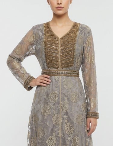 Sultana Grey Jalabiya - Moroccan Caftan with Gold Beadwork