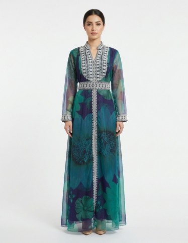 Royal Moroccan Caftan Jalabiya in Floral with Silver Embroidery