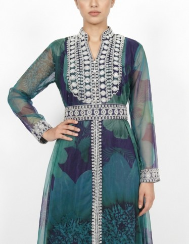 Royal Moroccan Caftan Jalabiya in Floral with Silver Embroidery