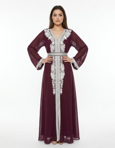 Royal Maroon Moroccan Kaftan with Ornate Silver Embroidery