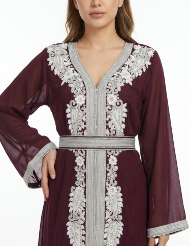 Royal Maroon Moroccan Kaftan with Ornate Silver Embroidery