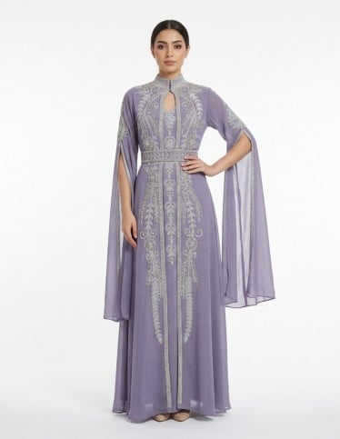 Royal Lavender Evening Jalabiya with Silver Embroidery & Cape Sleeves