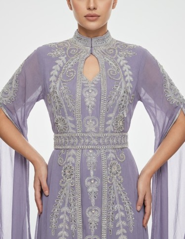 Royal Lavender Evening Jalabiya with Silver Embroidery & Cape Sleeves