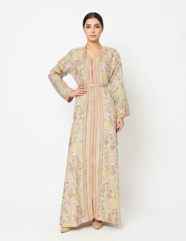 Floral Embroidered Moroccan Caftan with Golden Accents