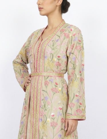 Floral Embroidered Moroccan Caftan with Golden Accents