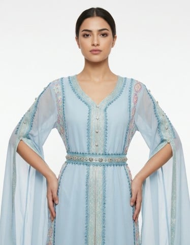 Sama Sky Blue Moroccan Caftan with Artistic Hand-Embroidery