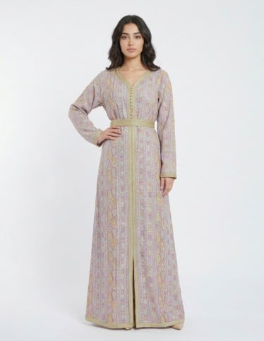 Royal Lavender Moroccan Kaftan with Gold Sfifa Embroidery