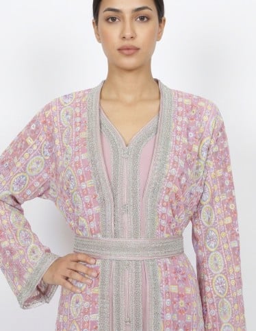 "Rose Whisper" Caftan - Two-Piece Moroccan Takchita with Silver Embroidery