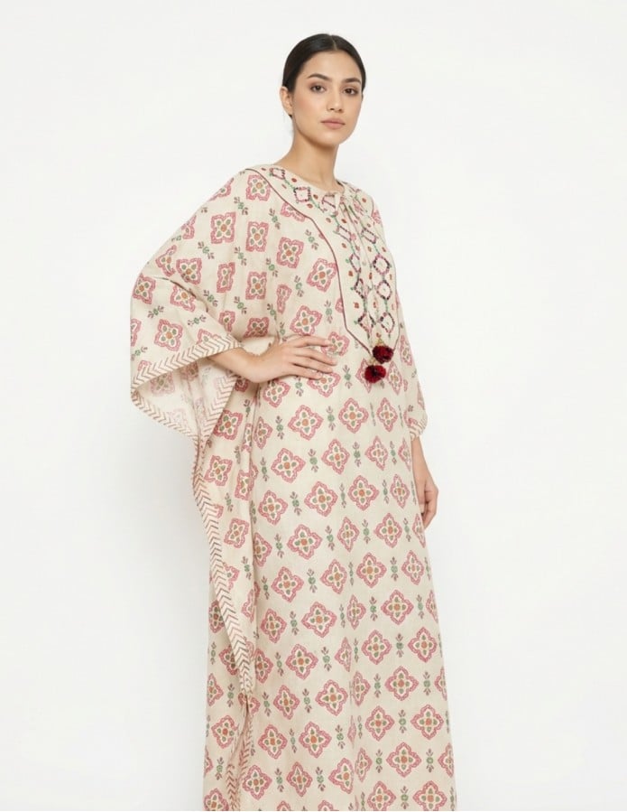 "Rose Garden" Cotton Butterfly Jalabiya with Thread Embroidery & Mirror Work