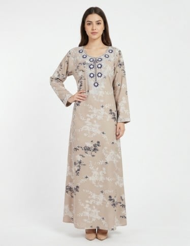Floral Printed Casual Jalabiya with Purple Rose Embroidery
